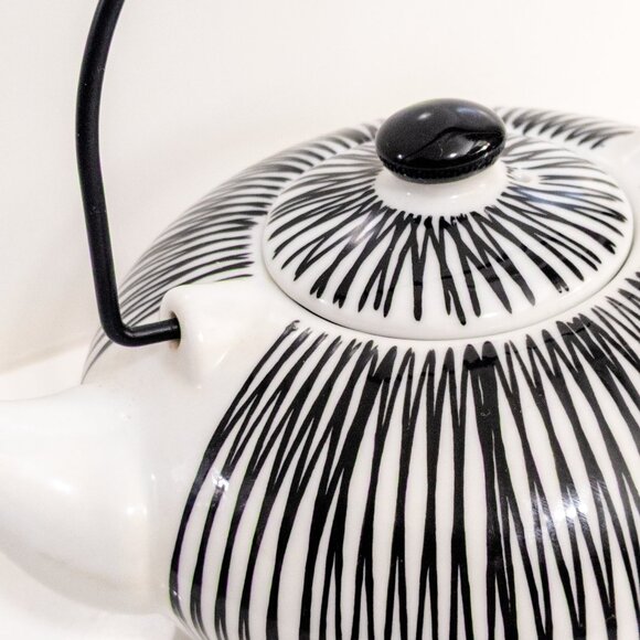 Pier 1 Imports Akina Porcelain Teapot Black White Stripe Modern Japanese Style - Picture 2 of 5